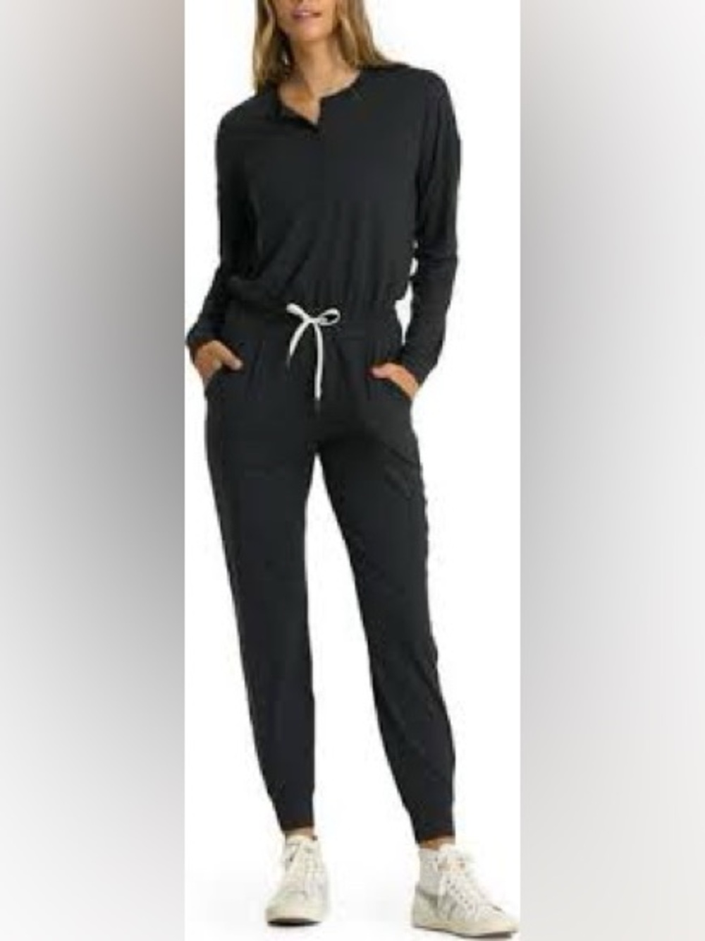 VUORI Lux black Hunley Long Sleeve Slouchy Jersey Knit Lounge Wear jumpsuit - Picture 2 of 7